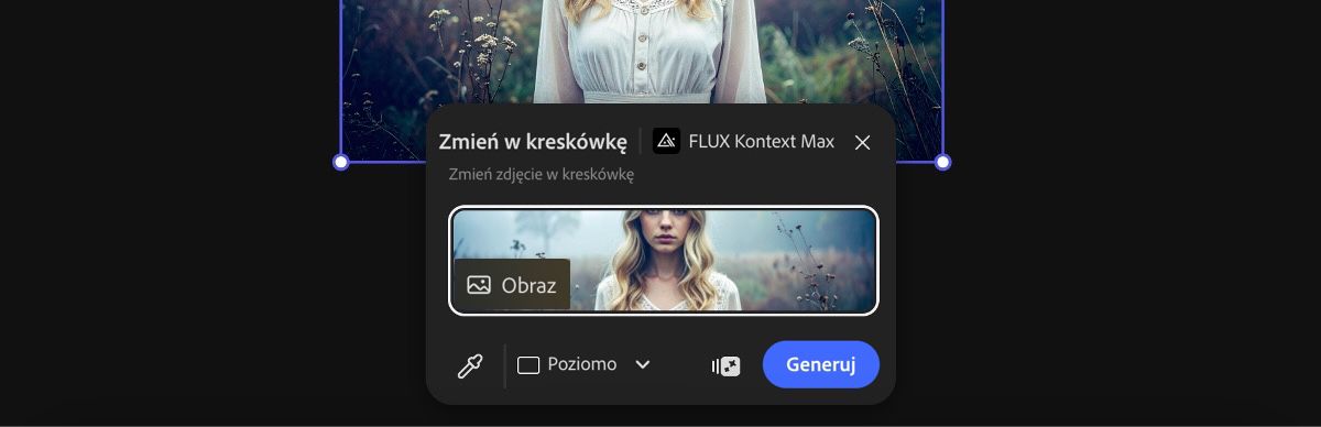 Wybierz obraz z obszaru roboczego, aby zastosować ustawienie predefiniowane Kreskówka autorstwa FLUX Kontext Max.