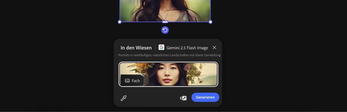 Wähle ein Bild von der Arbeitsfläche aus, um die Voreinstellung „In den Wiesen mit Gemini 2.5 Flash Image“ anzuwenden.