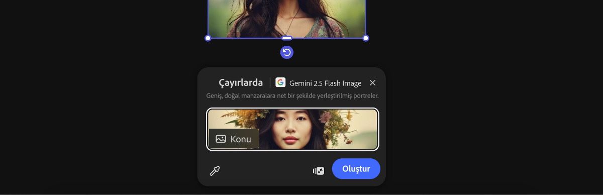 Gemini 2.5 Flash Image ile çayırlarda hazır ayarını uygulamak için tuvalden bir görsel seçin.