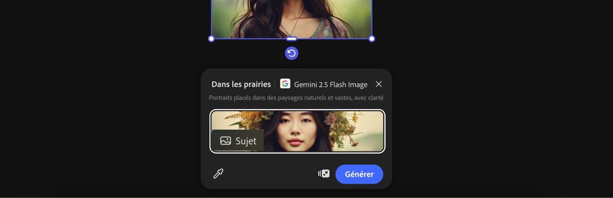 Sélectionnez une image de la zone de travail pour appliquer le paramètre prédéfini Dans les prés par Gemini 2.5 Flash Image.