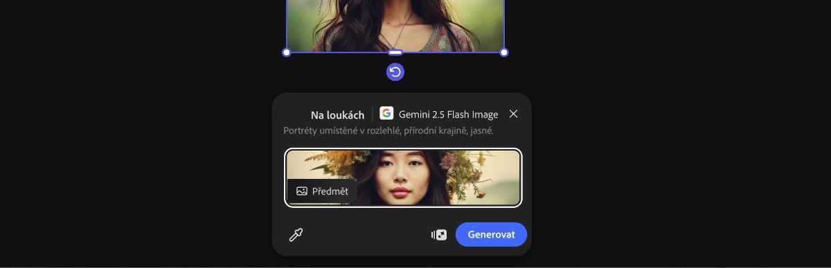 Vyberte obrázek z plátna pro aplikaci předvolby Na loukách pomocí Gemini 2.5 Flash Image.