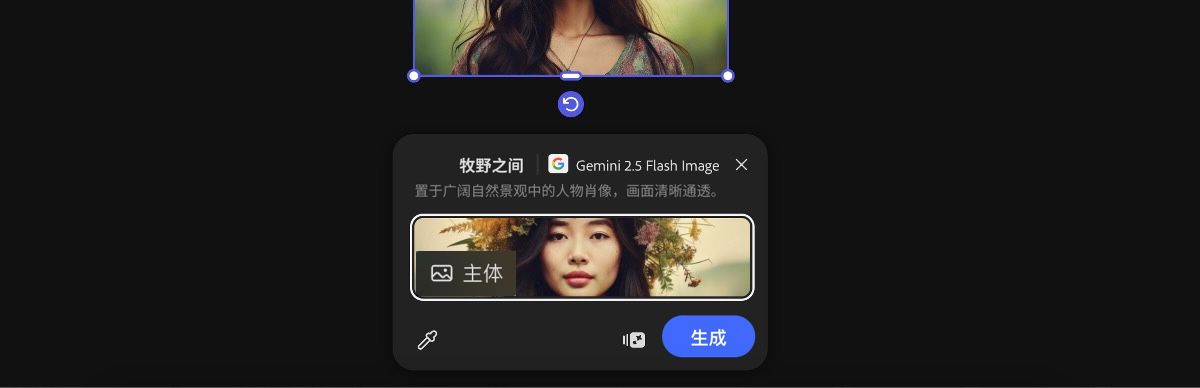 从画布中选择图像以应用 Gemini 2.5 Flash Image 的“牧野之间”预设。