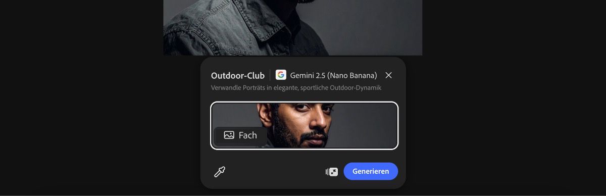Wähle ein Bild von der Arbeitsfläche aus, um die Voreinstellung „Outdoor-Club mit Gemini 2.5 Flash Image“ anzuwenden.