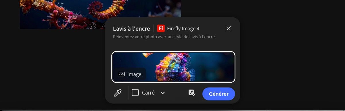 Sélectionnez une image de la zone de travail pour appliquer le paramètre prédéfini Lavis à l’encre par Firefly Image 4.