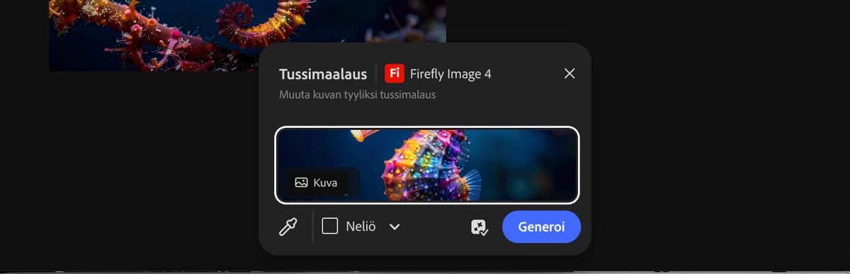 Valitse piirtoalueelta kuva, jossa haluat käyttää Firefly Image 4:n Tussimaalaus-esimääritystä.