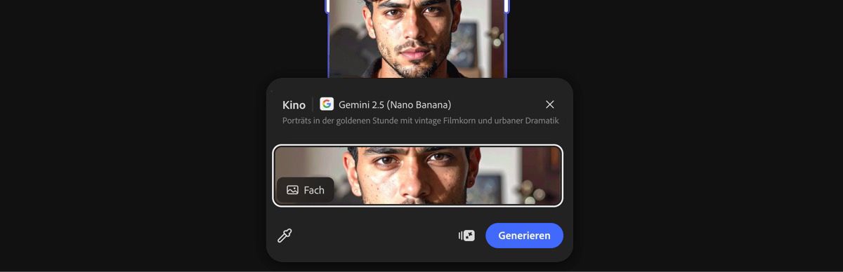 Wähle ein Bild von der Arbeitsfläche aus, um die Voreinstellung „Kino mit Gemini 2.5 Flash Image“ anzuwenden.