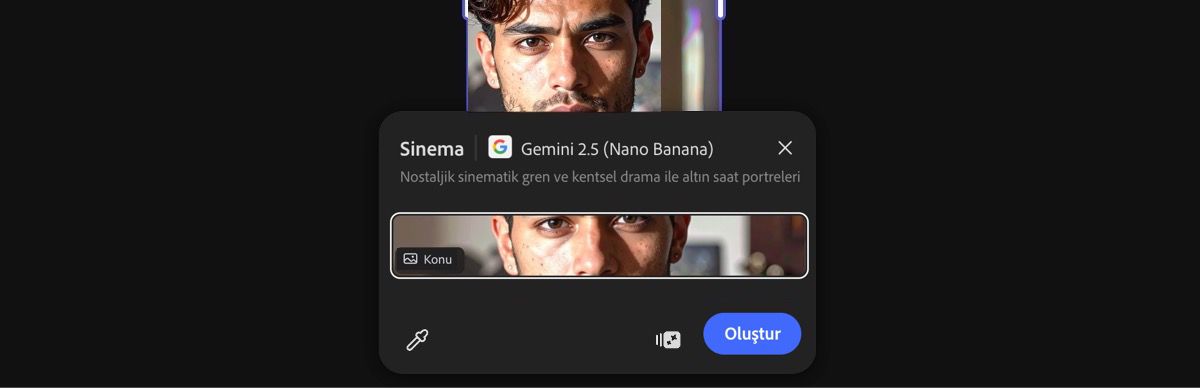 Gemini 2.5 Flash Image ile sinema hazır ayarını uygulamak için tuvalden bir görsel seçin.