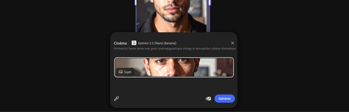 Sélectionnez une image de la zone de travail pour appliquer le paramètre prédéfini Cinéma par Gemini 2.5 Flash Image.