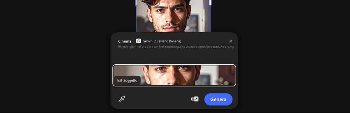 Seleziona un'immagine nell'area di lavoro per applicare il predefinito Cinema con Gemini 2.5 Flash Image.