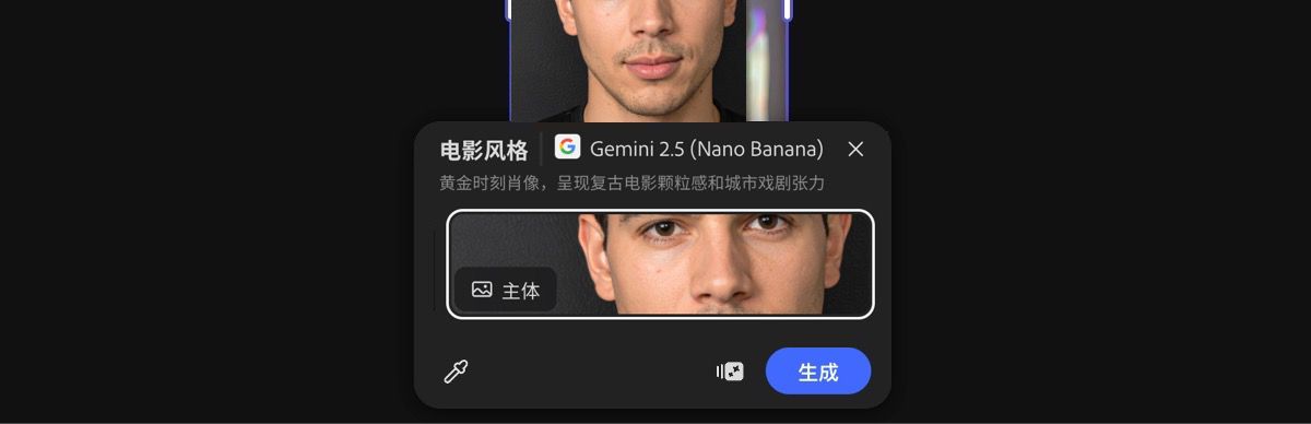 从画布中选择一张图像以应用 Cinema by Gemini 2.5 Flash Image 预设。
