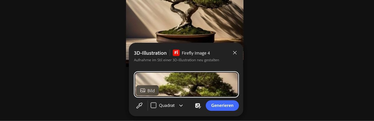 Wähle ein Bild von der Arbeitsfläche aus, um die Voreinstellung „3D-Illustration mit Firefly Image 4“ anzuwenden.