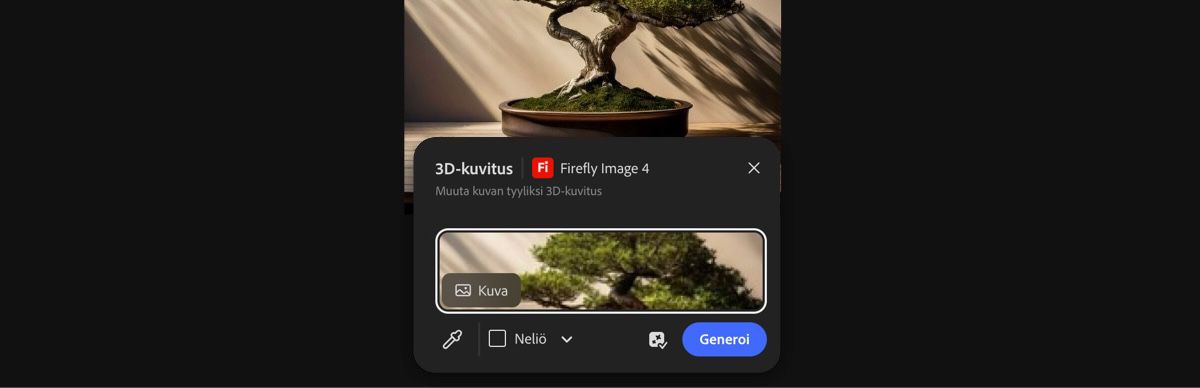 Valitse piirtoalueelta kuva, jossa haluat käyttää Firefly Image 4:n 3D-kuvitus-esimääritystä.