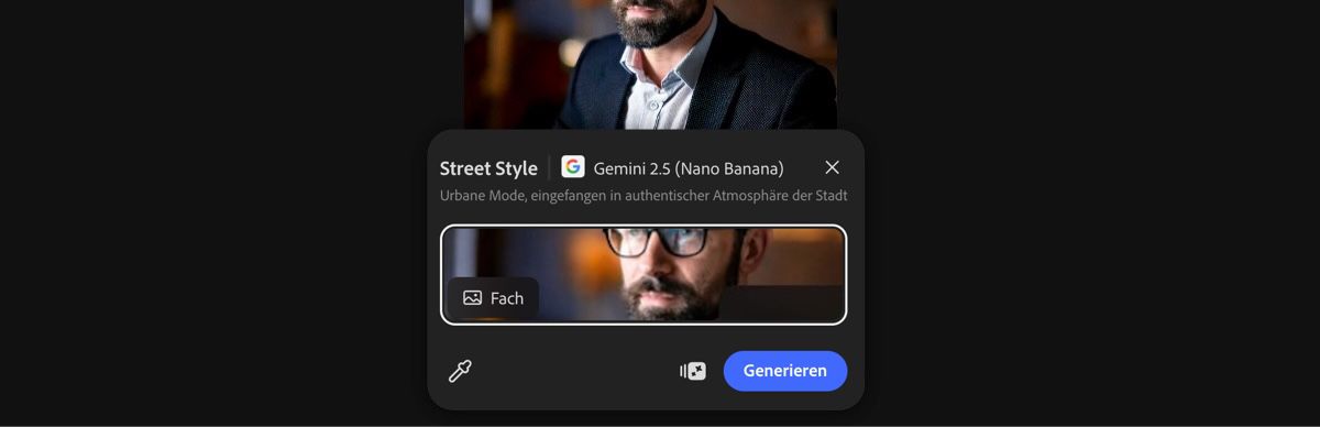 Wähle ein Bild von der Arbeitsfläche aus, um die Voreinstellung „Street Style mit Gemini 2.5 Flash Image“ anzuwenden.