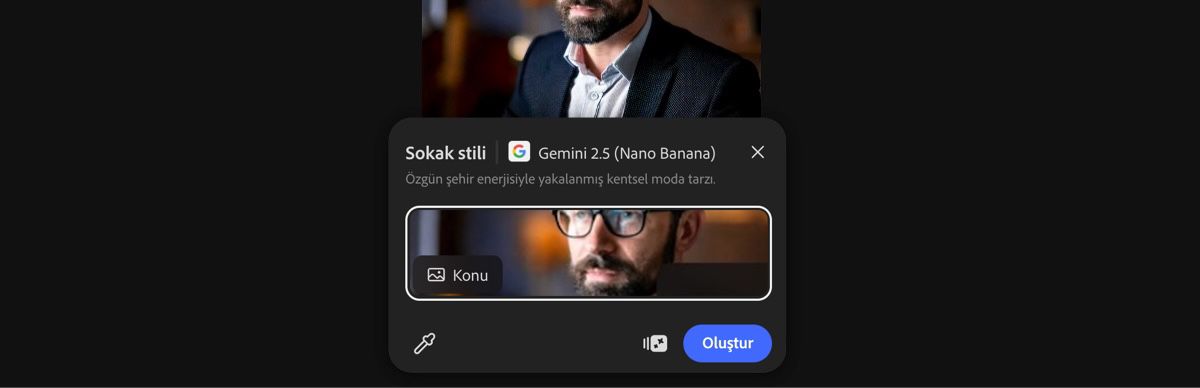 Gemini 2.5 Flash Image ile sokak stili hazır ayarını uygulamak için tuvalden bir görsel seçin.