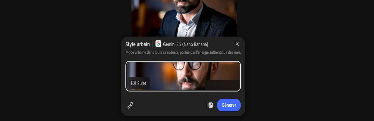 Sélectionnez une image de la zone de travail pour appliquer le paramètre prédéfini Style urbain par Gemini 2.5 Flash Image.
