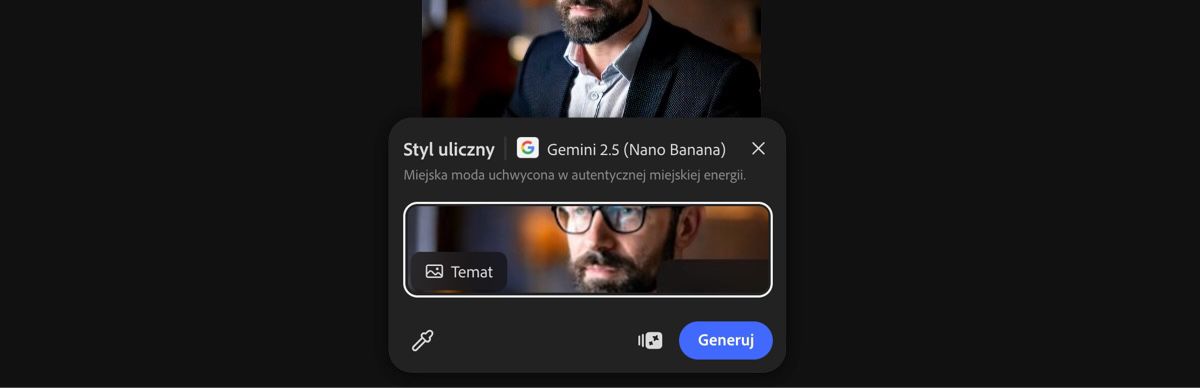 Wybierz obraz z obszaru roboczego, aby zastosować ustawienie predefiniowane Styl uliczny autorstwa Gemini 2.5 Flash Image.