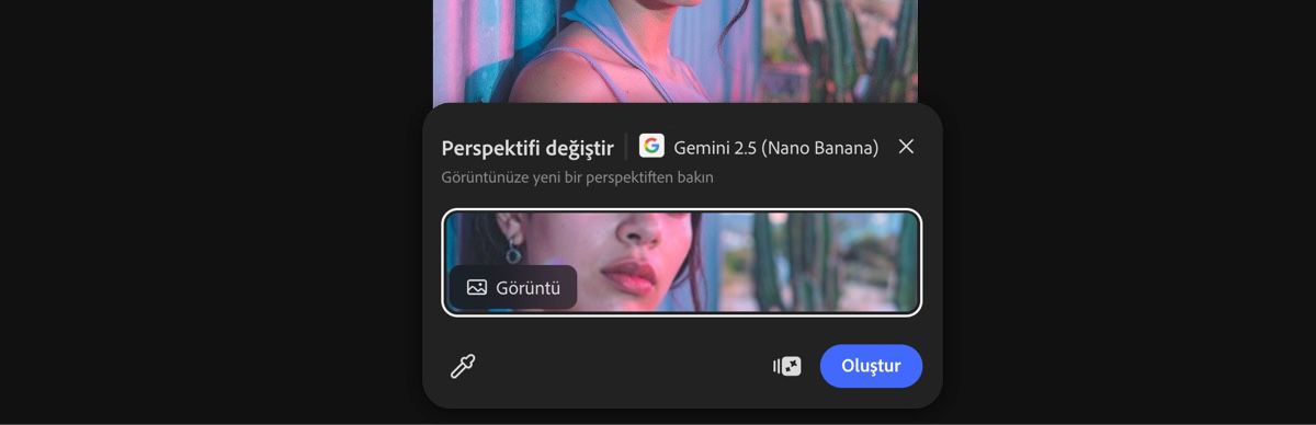 Gemini 2.5 Flash Image ile perspektifi değiştirme hazır ayarını uygulamak için tuvalden bir görsel seçin.