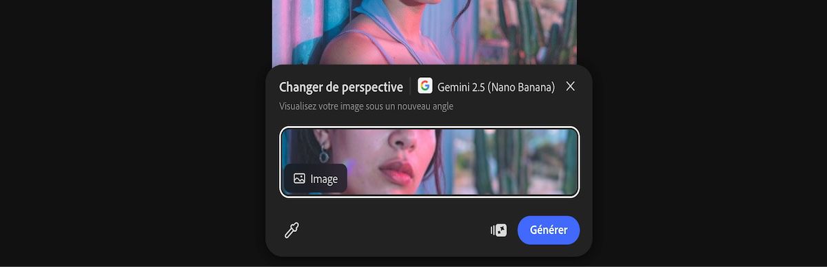 Sélectionnez une image de la zone de travail pour appliquer le paramètre prédéfini Changer de perspective par Gemini 2.5 Flash Image.