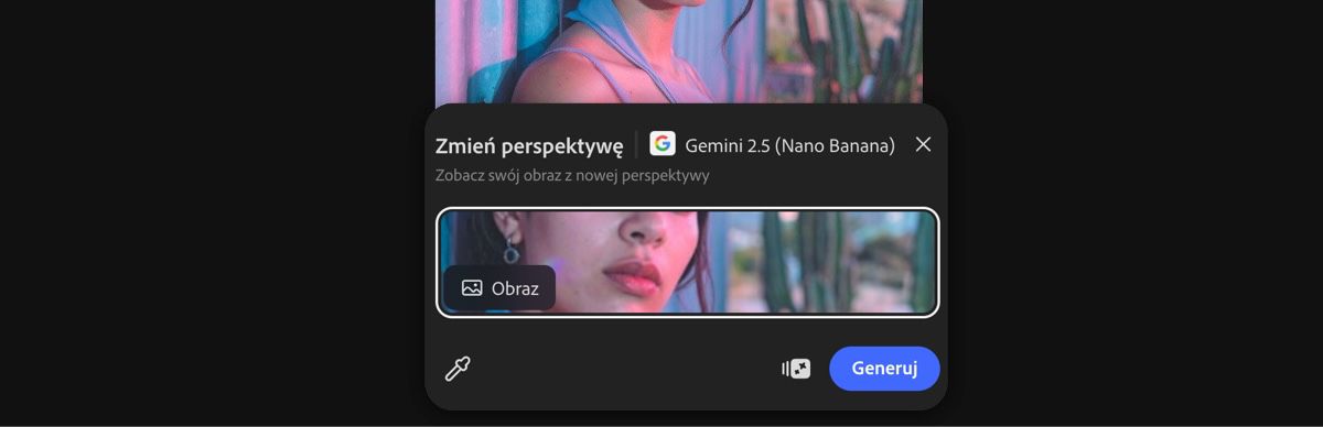 Wybierz obraz z obszaru roboczego, aby zastosować ustawienie predefiniowane Zmień perspektywę autorstwa Gemini 2.5 Flash Image.