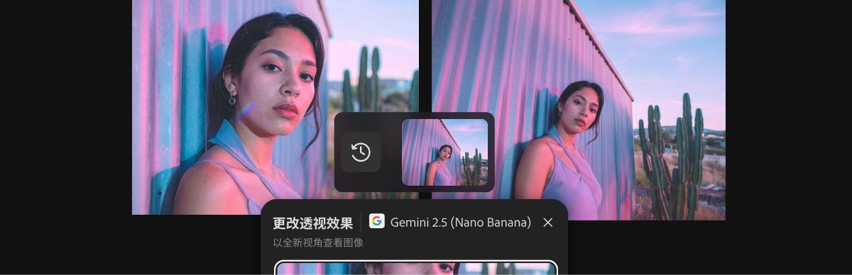 使用 Gemini 2.5 Flash Image 的“更改透视”预设生成的图像。