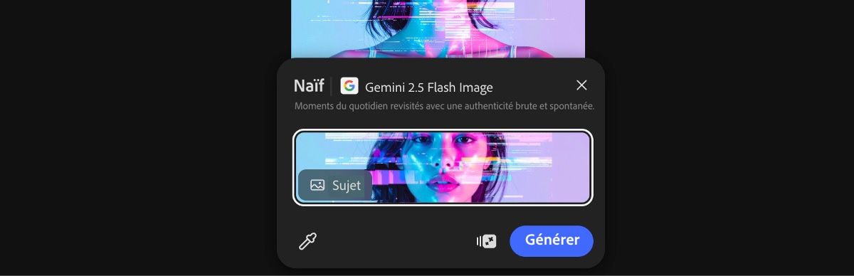 Sélectionnez une image de la zone de travail pour appliquer le paramètre prédéfini Sur le vif par Gemini 2.5 Flash Image.