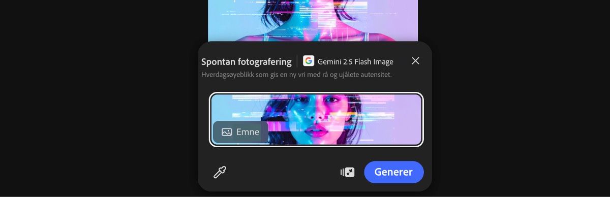 Velg et bilde fra lerretet for å bruke forhåndsinnstillingen Spontan fotografering med Gemini 2.5 Flash Image.
