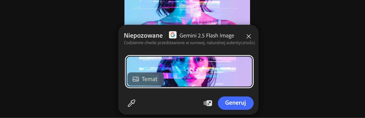 Wybierz obraz z obszaru roboczego, aby zastosować ustawienie predefiniowane Szczerość autorstwa Gemini 2.5 Flash Image.