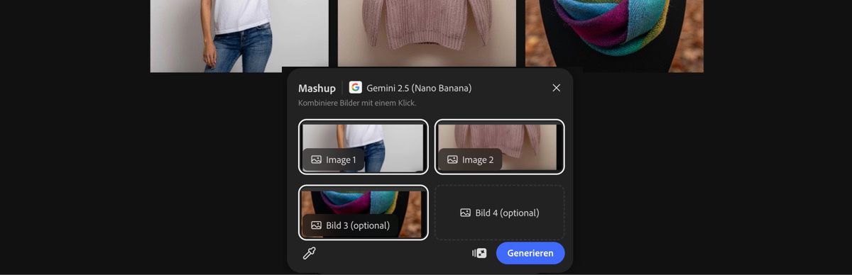 Wähle ein Bild von der Arbeitsfläche aus, um die Voreinstellung „Mashup mit Gemini 2.5 Flash Image“ anzuwenden