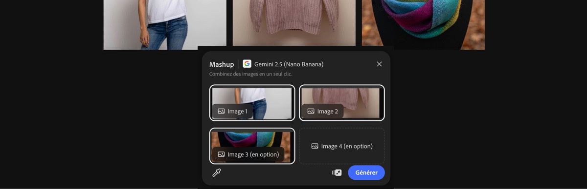 Sélectionnez une image de la zone de travail pour appliquer le paramètre prédéfini Mashup par Gemini 2.5 Flash Image.