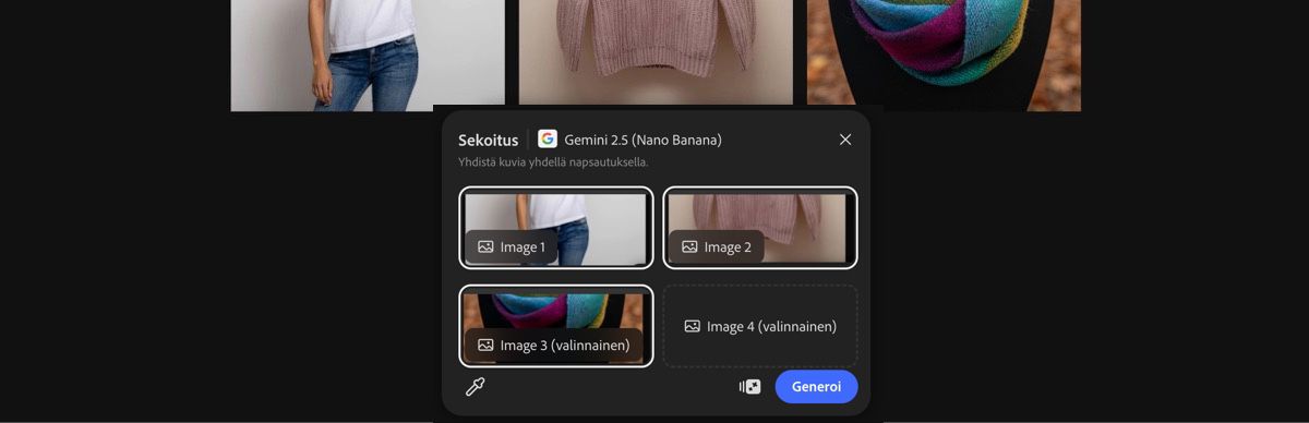 Valitse kuva piirtoalueelta käyttääksesi Mashup by Gemini 2.5 Flash Image -esiasetusta