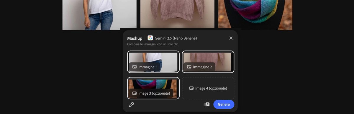 Seleziona l'immagine nell'area di lavoro per applicare il predefinito Mashup con Gemini 2.5 Flash Image