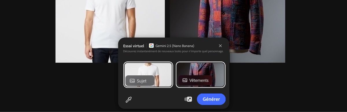 Sélectionnez des images de la zone de travail pour appliquer le paramètre prédéfini Essai virtuel par Gemini 2.5 Flash Image.