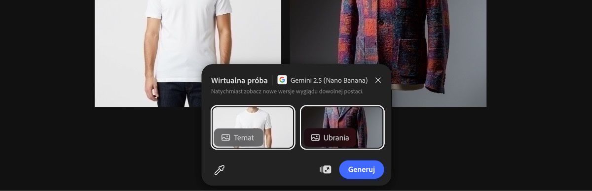 Wybierz obrazy z obszaru roboczego, aby zastosować Wirtualną przymiarkę za pomocą ustawienia predefiniowanego Gemini 2.5 Flash Image.