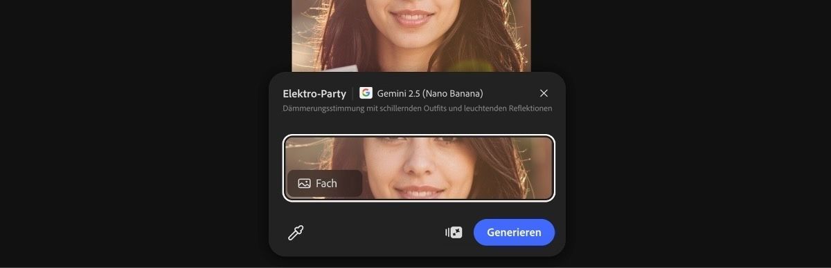 Wähle ein Bild von der Arbeitsfläche aus, um die Voreinstellung „Elektro-Party mit Gemini 2.5 Flash Image“ anzuwenden.