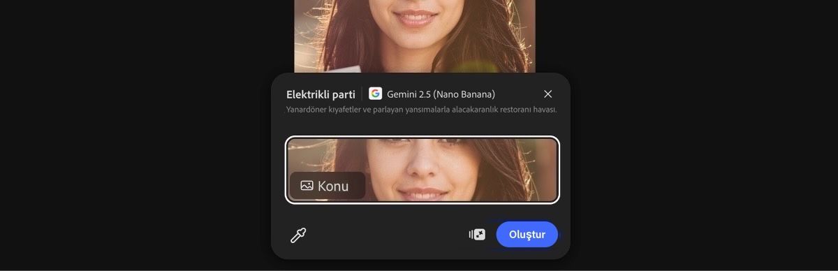 Gemini 2.5 Flash Image ile elektrikli parti hazır ayarını uygulamak için tuvalden görsel seçin.