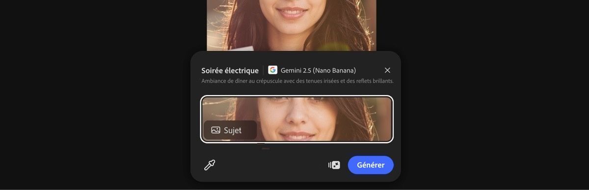 Sélectionnez une image de la zone de travail pour appliquer le paramètre prédéfini Soirée électrique par Gemini 2.5 Flash Image.