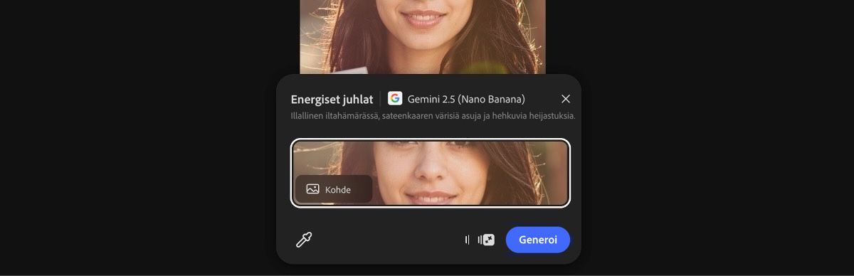 Valitse piirtoalueelta kuva, jossa haluat käyttää Gemini 2.5 Flash Imagen Energiset juhlat -esimääritystä.