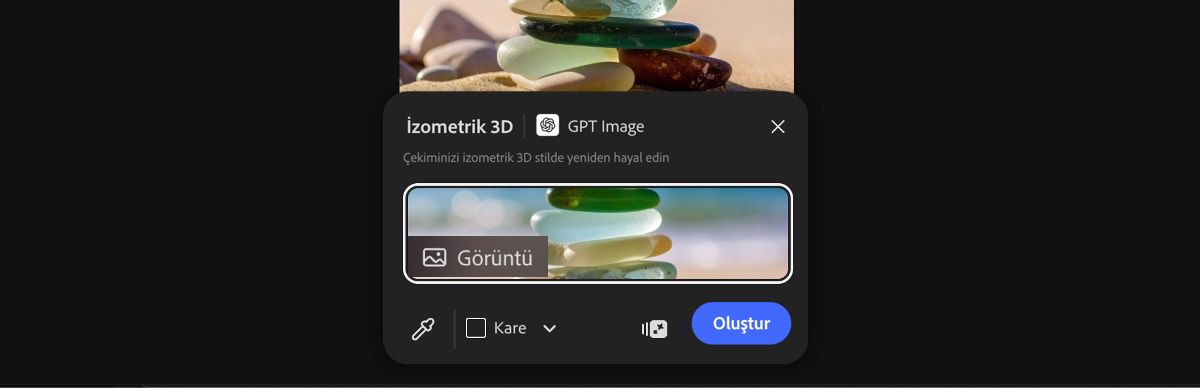 GPT Image ile izometrik 3D hazır ayarını uygulamak için tuvalden bir görsel seçin.