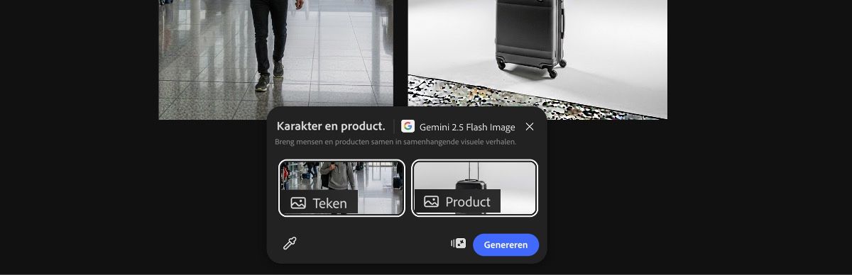 Selecteer afbeeldingen van het canvas om de voorinstelling Character and product by Gemini 2.5 Flash Image toe te passen.