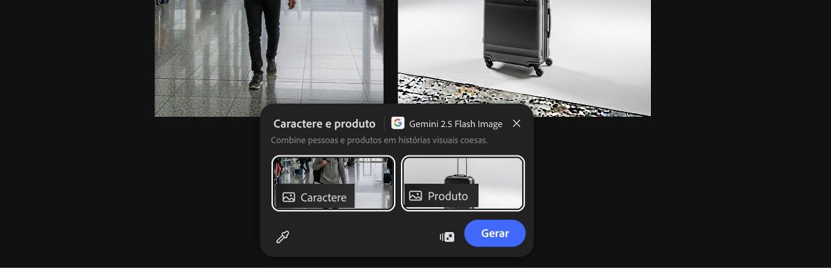 Selecione imagens da tela para aplicar a predefinição Personagem e produto da Gemini 2.5 Flash Image.