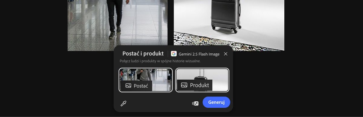 Wybierz obrazy z obszaru roboczego, aby zastosować ustawienie predefiniowane Postać i produkt autorstwa Gemini 2.5 Flash Image.