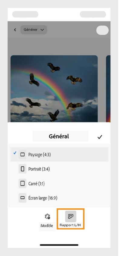  Le menu déroulant Rapport L/H est ouvert et présente plusieurs choix. L’option Paysage est actuellement sélectionnée pour créer des variations d’image idéales pour des utilisations telles que les bannières de site web.
