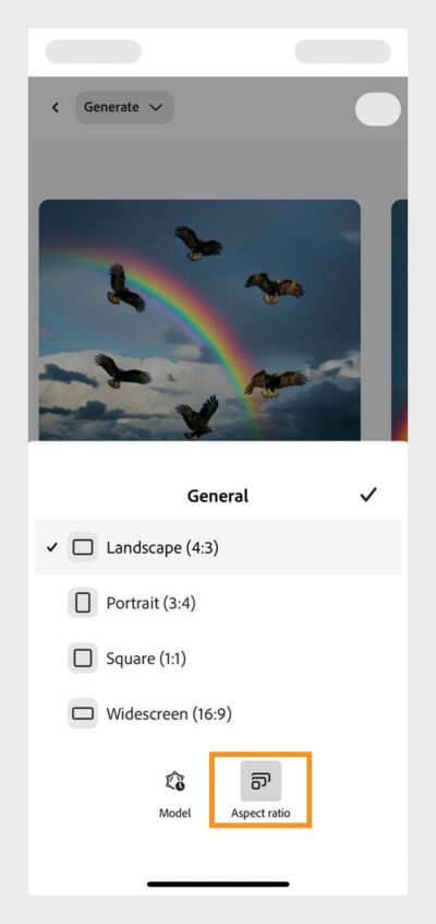  The Aspect Ratio dropdown menu is open, presenting several choices. The Landscape option is currently selected to create image variations ideal for uses such as website banners.