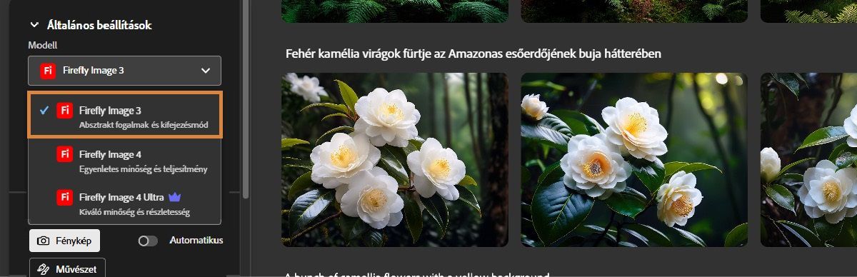A Modell legördülő menü nyitva van, és különböző Firefly képmodellek vannak felsorolva. Jelenleg a Firefly Image 3 van kiválasztva.