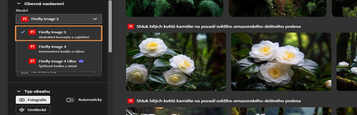 Otevře se rozbalovací nabídka Model, kde jsou uvedeny různé modely obrázků Firefly. Aktuálně je vybrán model Firefly Image 3.