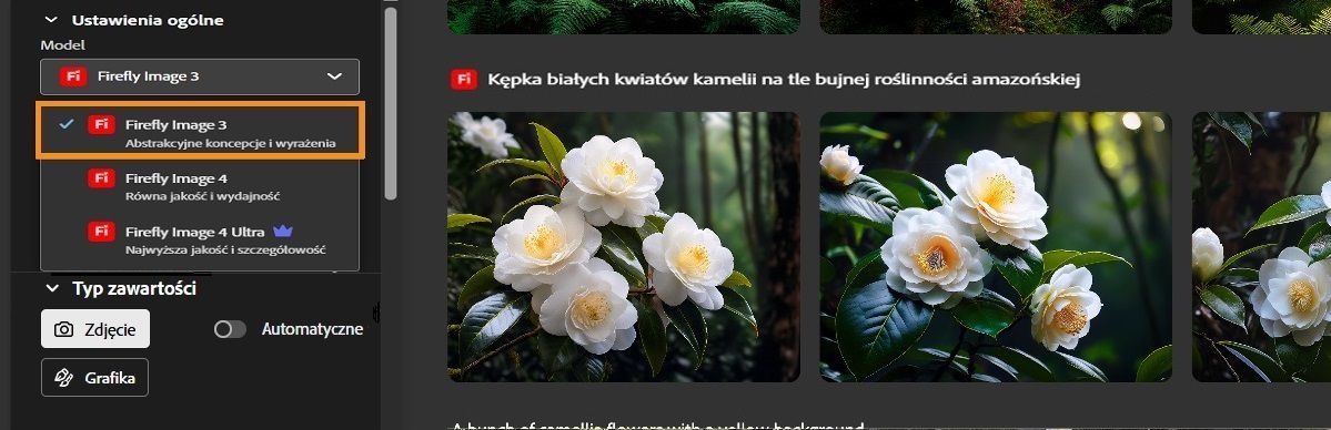 Menu rozwijane Model jest otwarte, a na liście znajdują się różne modele obrazów Firefly. Obecnie wybrano Firefly Image 3.