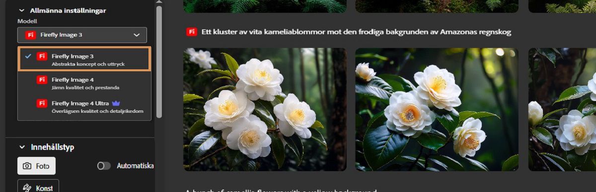 Listrutan Modell är öppen och det finns olika Firefly Image-modeller angivna.För närvarande är Firefly Image 3 valt.