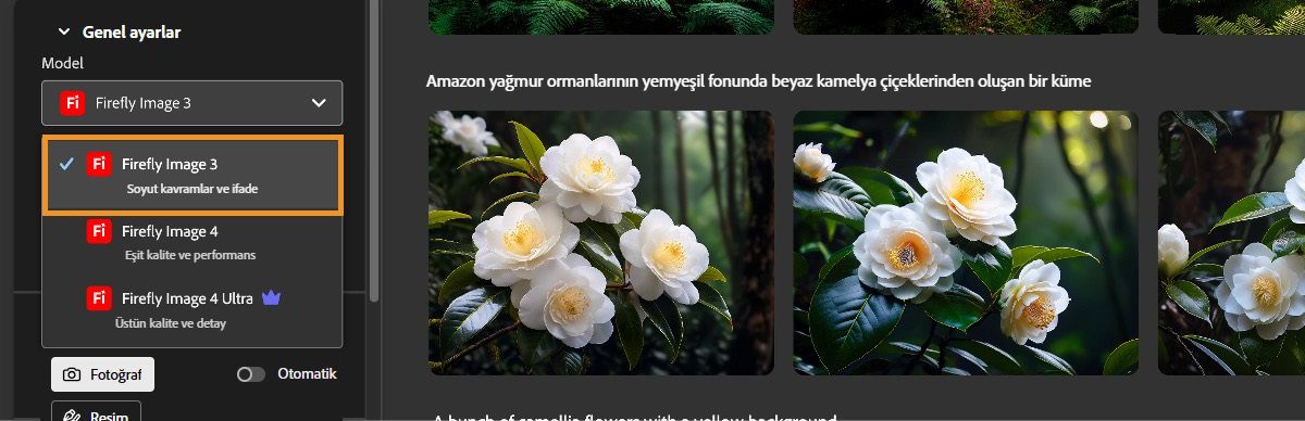 Model açılır menüsü belirir ve farklı Firefly görüntü modelleri listelenir. Şu anda, Firefly Image 3 seçilidir.