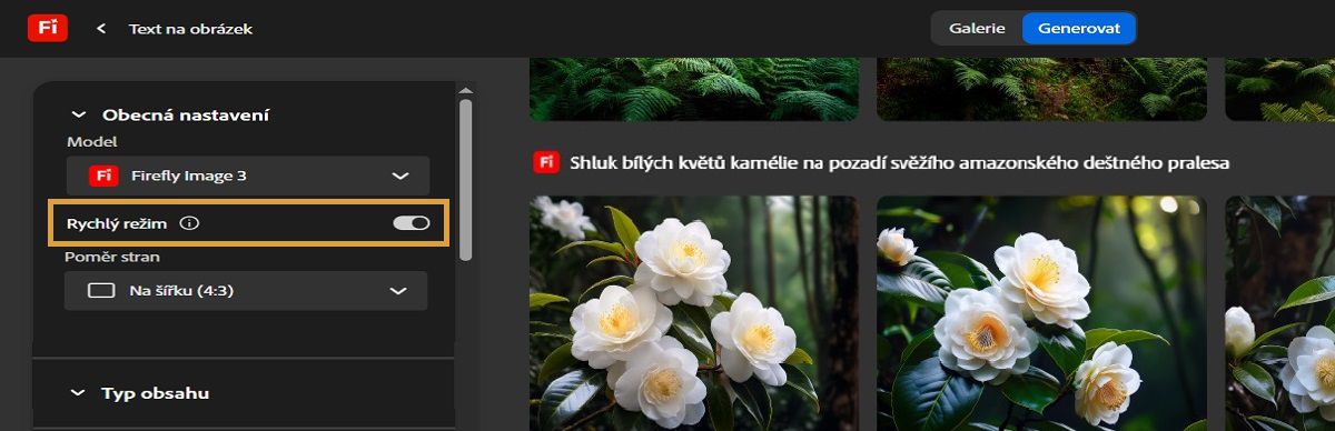 V nástroji Text na obrázek se v části Obecná nastavení otevře rozbalovací nabídka Model a zobrazí se možnosti, jako jsou Firefly Image 3, Firefly Image 2 a Rychlý režim. Aktuálně je vybrán Firefly Image 3 s aktivovaným Rychlým režimem.