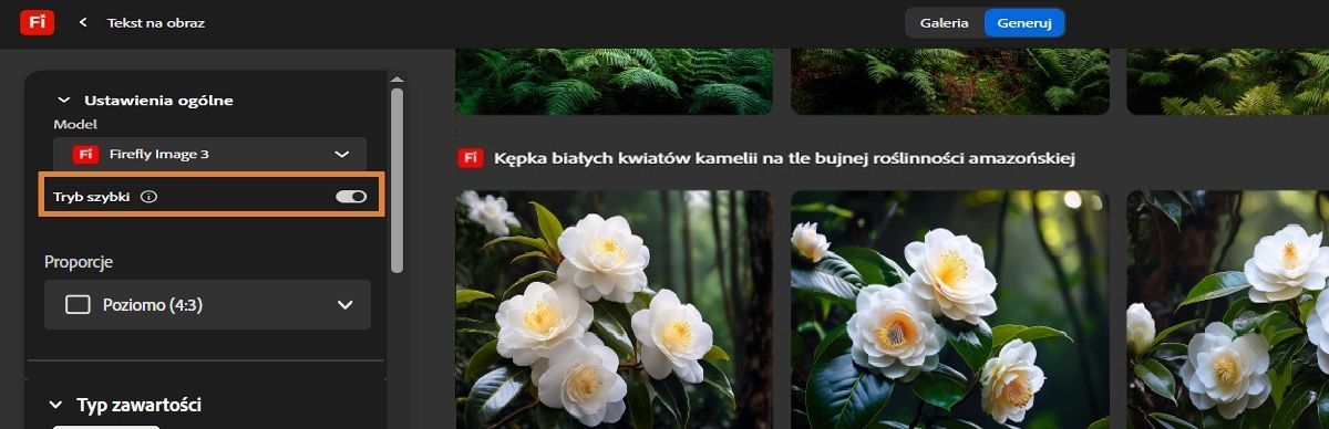 W module Tekst na obraz w obszarze Ustawienia ogólne otwarte jest menu rozwijane Model, w którym wyświetlane są opcje, takie jak Firefly Image 3, Firefly Image 2 i Tryb szybki. Obecnie wybrano Firefly Image 3 z włączonym Trybem szybkim.